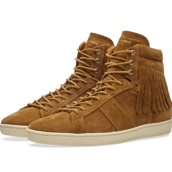 New 𝅺SAINT Laurent SL/18H Suede Fringe High-Top Sneakers in Noisette/Cognac - Picture 1 of 14